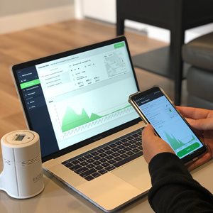 erson övervakar radonmätning med RadonEye Pro via dator och mobil
